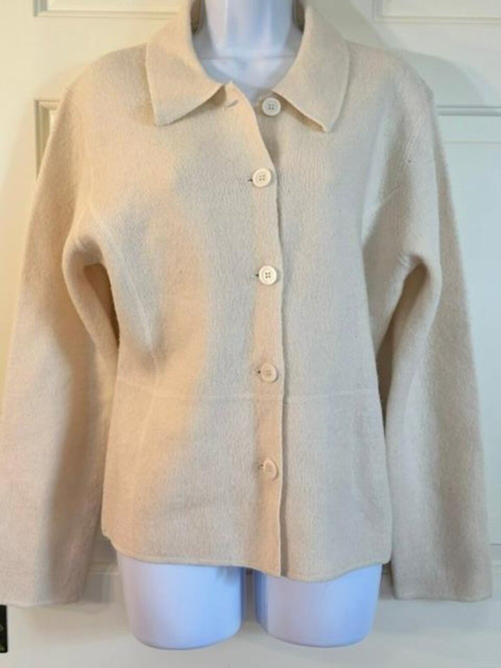 * Vintage Boiled Wool Herman Geist 90s Collared Button Off White Sweater Medium